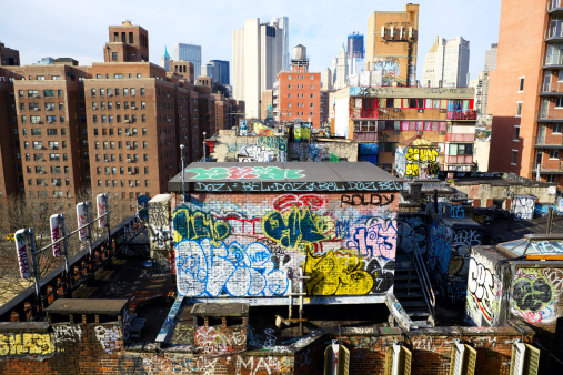 Graffiti atop buildings in China Town in New York City