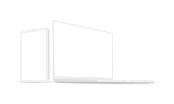 clay laptop und tablet computer mockup mit perspektivischer seitenansicht - white tablet stock-grafiken, -clipart, -cartoons und -symbole