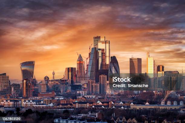Elevated Panoramic Sunrise View Of The Skyline Of London City Stock Photo - Download Image Now
