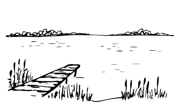 Vector illustration of Wooden pier on the lake, pond, calm water, reeds. Wildlife, recreation and fishing. Simple black outline vector drawing. Sketch in ink.