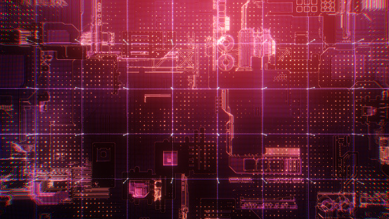 Abstract and futuristic circuit board background pattern with particles and grid patterns. A conceptual futuristic computer technology driven by artificial intelligence.