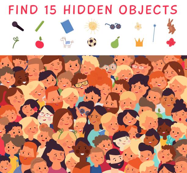 Hidden objects. Search items, find elements on picture. Kids mindful play, logic puzzle. Crowd of people, different multicultural community decent vector background Hidden objects. Search items, find elements on picture. Kids mindful play, logic puzzle. Crowd of people, different multicultural community vector. Illustration of education application brainteaser riddle stock illustrations