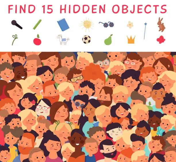 Vector illustration of Hidden objects. Search items, find elements on picture. Kids mindful play, logic puzzle. Crowd of people, different multicultural community decent vector background