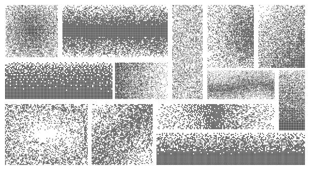 분산된 픽셀 셰이프입니다. 그레이 스케일, 아트 용해 블록. 정사각형 분산, 조각 변환. 픽셀화, 파괴 요소 최근 벡터 세트 - pixelation stock illustrations