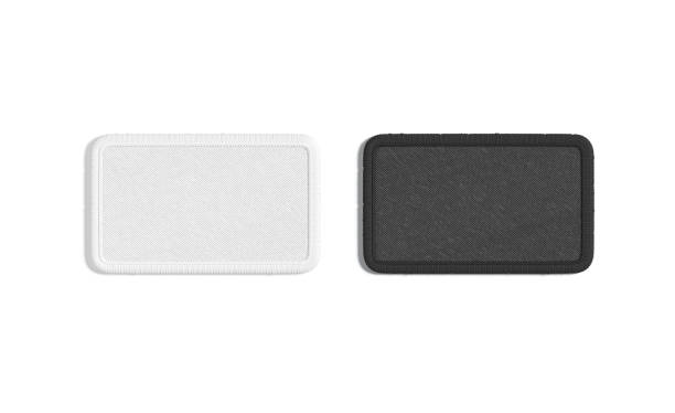 Blank black and white rectangle embroidered patch mockup, top view Blank black and white rectangle embroidered patch mockup, top view, 3d rendering. Empty textile round corners badge mock up, isolated. Clear symbolic embroidery label for shoulder straps template. needlecraft product stock pictures, royalty-free photos & images