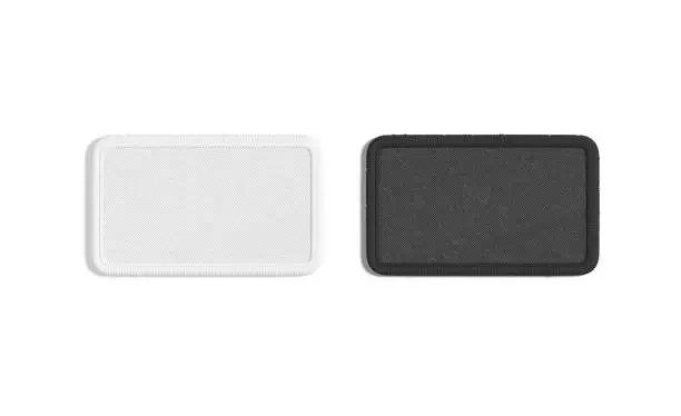 Photo of Blank black and white rectangle embroidered patch mockup, top view