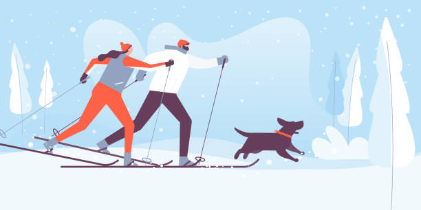 男女はクロスカントリースキーヤーで、犬と一緒にトレーニングをしています。スキースポーツ、アウトドアアクティビティ、ペットのコンセプト。ベクターの図。 - mens cross country skiing点のイラスト素材／クリップアート素材／マンガ素材／アイコン素材
