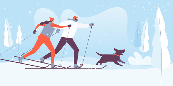 A man and a woman are cross country skiers and training with their dog. Skiing sport, outdoor activity and pets concept. Vector illustration.