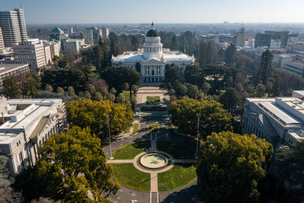 Aerial view of California Capitol Building Aerial view of the California State Capitol building in Sacramento. capital cities stock pictures, royalty-free photos & images