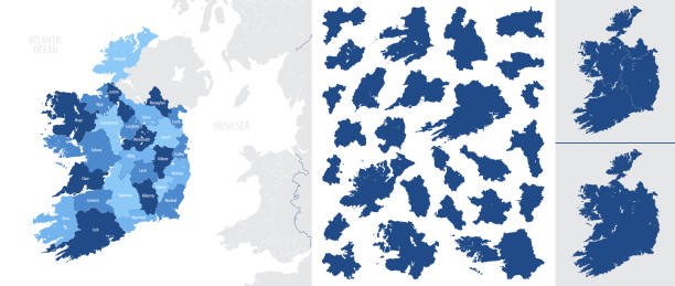 szczegółowa, wektorowa, niebieska mapa irlandii z podziałem administracyjnym kraju - munster province illustrations stock illustrations