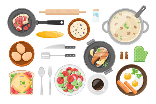 Collection fresh homemade delicious tasty food in serving plates and cutlery top view vector flat Collection fresh homemade delicious tasty food in serving plates and cutlery top view vector flat illustration. Appetizing breakfast, lunch, dinner. Beef steak, eggs, porridge, vegetanle salad, coffee steak and eggs breakfast stock illustrations
