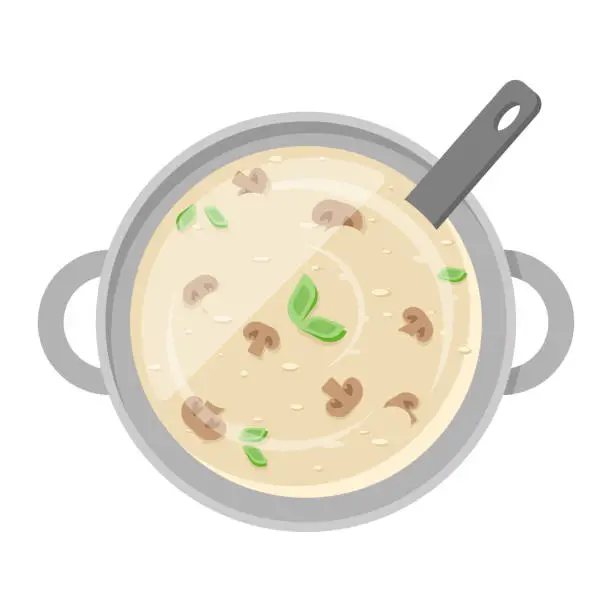 Vector illustration of Cooking appetizing mushrooms cream soup in pan with ladle top view vector flat illustration
