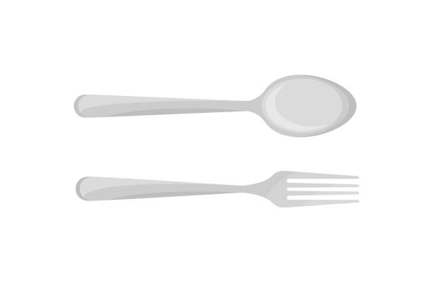 Spoon and fork top view vector flat silver cutlery serving eating food at home cafe restaurant Spoon and fork top view vector flat illustration. Silver cutlery serving eating food at home cafe restaurant isolated. Modern utensil for breakfast, lunch, dinner or supper. Dining kitchen equipment baby spoon stock illustrations