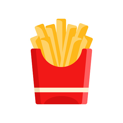 Appetizing french fries red cardboard pack isometric icon vector illustration. Tasty traditional American frying potato slice in package branding isolated. Fast food packaging badge simple design