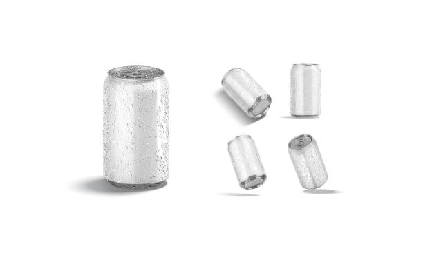istock Blank white aluminum 330 ml soda can drops mockup, different views 1367807911