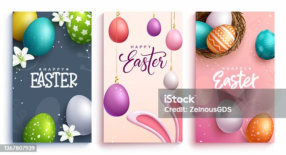 istock Easter season vector poster set. Happy easter greeting text with 3d colorful egg prints and pattern for holiday seasonal card collection design. 1367807939