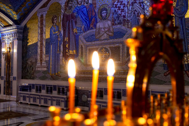 main cathedral of the russian armed forces, interior of the main church of the resurrection of christ. - baptism altar jesus christ church imagens e fotografias de stock