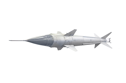 A missile with a warhead on a white background isolated on a white background. Weapons of mass destruction, chemical, nuclear. artillery rocket bomb