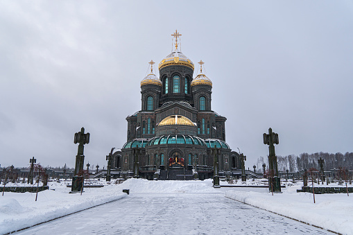 main temple of the Russian Armed Forces in Patriot Park. Beautiful Orthodox church in winter