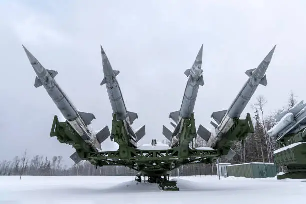 ground-to-air missiles on snow in winter. Air defense. defensive system. located in Patriot Park is a military-patriotic park of culture and recreation of the Armed Forces of the Russian Federation.
 Federal State Autonomous Institution "Military-Patriotic Park of Culture and Recreation of the Armed Forces of the Russian Federation "Patriot". The park is located near the town of Kubinka, Odintsovo district, Moscow region.