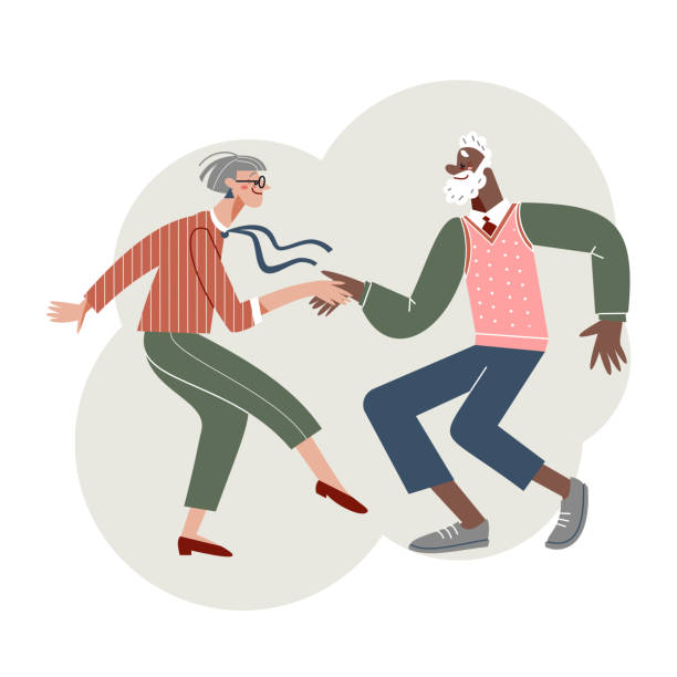 Fun dance of senior people set, elderly couple dancing to music, leisure of funny dancers Fun dance of senior people set vector illustration. Cartoon elderly couple dancing to music, active leisure of funny grandmother and grandfather on retirement, older friends dancers in dance club young at heart stock illustrations