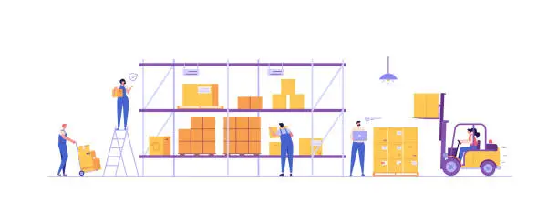 Vector illustration of Warehouse interior vector illustration. Worker loader carrying boxes. Warehouse manager checks package. Forklift packaging stack boxes on pallet. Concept of warehouse storage, global logistic industry