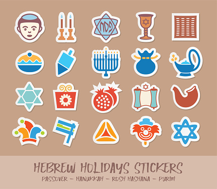 Set of vector stickers  for four Jewish Holidays, including Hanukkah, Passover, Rosh Hashanah, and Purim