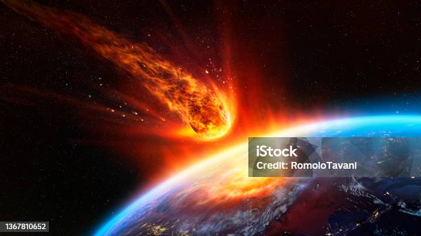 Meteor Impact On Earth Fired Asteroid In Collision With Planet Contain 3d Rendering Elements Of This Image Furnished By Nasa Stock Photo - Download Image Now