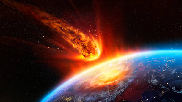 meteor impact on earth - fired asteroid in collision with planet - contain 3d rendering - elements of this image furnished by nasa - asteroit stok fotoğraflar ve resimler