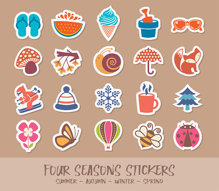 Set of vector stickers for Summer, Winter, Autumn, and Spring