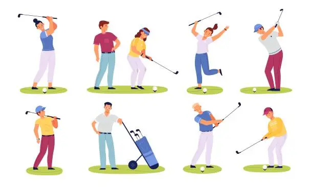 Vector illustration of Golf players people. Male and female golfers, sportive characters, club members play on green fields, hitting ball with stick, sport summer outdoor activity, vector isolated set