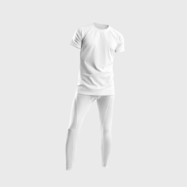 白い圧縮下着のモックアップ、3dレンダリング、男性のラウンドネックtシャツ、タイトなズボン、レギンス、バックグラウンドで隔離。 - underwear men t shirt white ストックフォトと画像