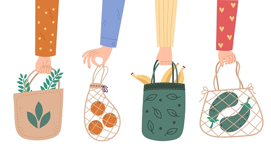 Hands hold eco bags. Different human arms hold empty string, fabric and paper bags with fruit and vegetables, multiple use products, cotton organic reusable packing, zero waste, vector isolated set