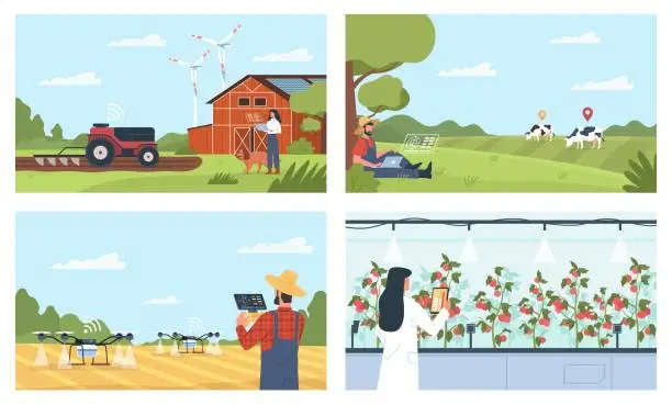 Vector illustration of Smart farm people. Digital irrigation with quadcopters, agriculture innovation, farmers use gadgets, mobile management, modern technology, man and woman in countryside vector isolated set