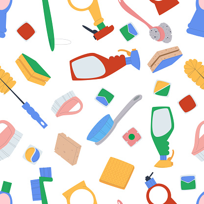 Various items for cleaning and housework. Sponge, rags, brushes, sprays. Seamless endless pattern. On white background. Flat vector illustration.