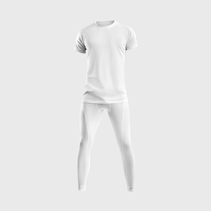 White compression underwear mockup, 3D rendering, men's t-shirt, pants, leggings, isolated on background. Template of a stylish suit for the gym, workouts, for the presentation of design, pattern