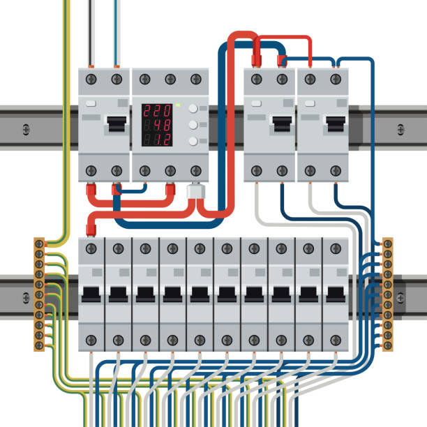 illustrazioni stock, clip art, cartoni animati e icone di tendenza di interruttori automatici su guide din collegate a fili - circuit breaker