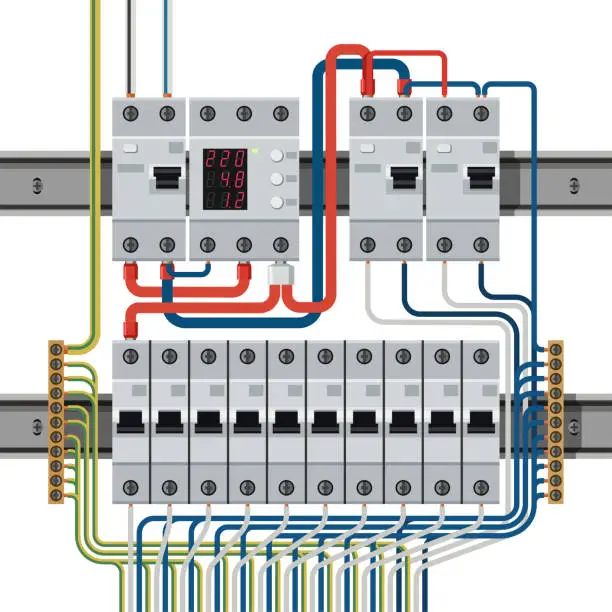 Vector illustration of Circuit breakers on din rails connected to wires