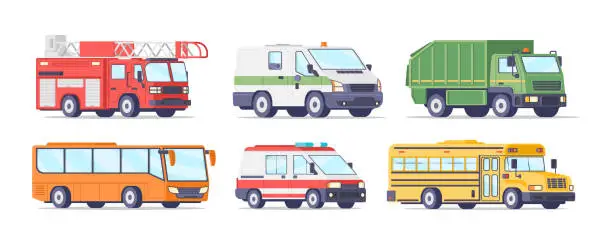 Vector illustration of Collection public passenger and emergency aid city transportation vector illustration