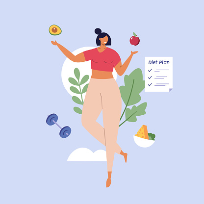 Healthy eco diet plan vector illustration. Fresh organic vegetable. Woman planning diet with fruit and vegetable. Concept of healthy food, meal planning, nutrition consultation, balance diet program