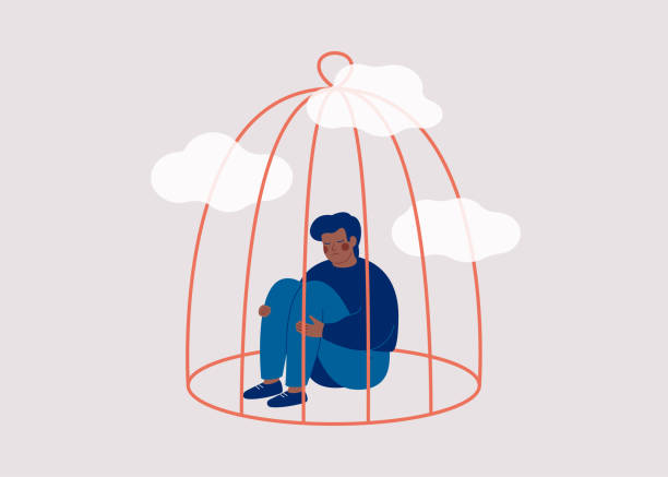 Sad black man sitting inside the closed cage. Influence of lockdown on mental health. Sad black man sitting inside the closed cage. Influence of lockdown on mental health. Concept of restrictions on human rights and freedoms in society. Vector illustration prison lockdown stock illustrations