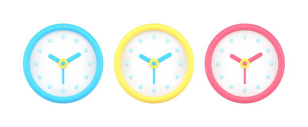 ilustrações, clipart, desenhos animados e ícones de coleção azul, amarelo e vermelho tempo de visão frontal do relógio de parede analógico verificando vetor de modelo de ícone 3d - clock vector checking the time red