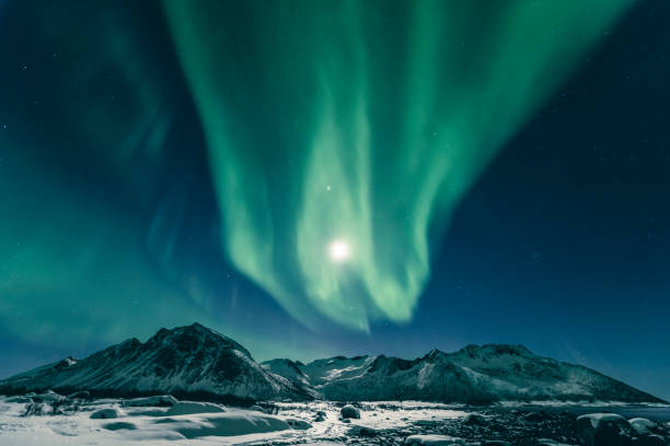 Aurora Northern Polar light in night sky over Northern Norway Northern Lights, polar light or Aurora Borealis in the night sky over Senja island in Northern Norway. Snow covered mountains in the background with water of the Norwegian Sea reflecting the lights in the foreground. Moonlight is illuminating the snow covered landscape. tromso stock pictures, royalty-free photos & images