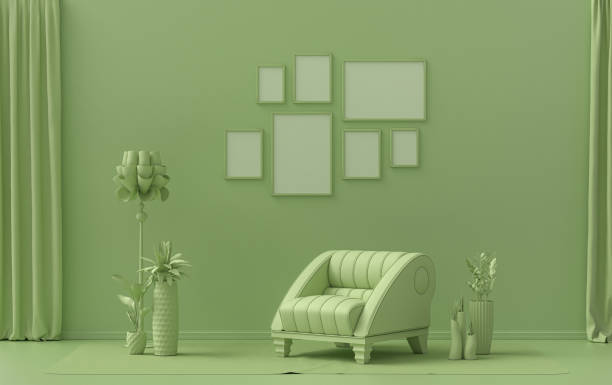 istock Minimalist living room interior in flat single pastel light green color with seven frames on the wall and furniture and plants, in the room, 3d Rendering 1367816498