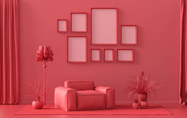 istock Minimalist living room interior in flat single pastel dark red, maroon color with 8 frames on the wall and furniture and plants, in the room, 3d Rendering 1367816524