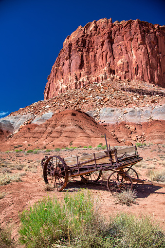 Usa. Traditional rusty metal cart in the desert of Capitol Reef, Utah
