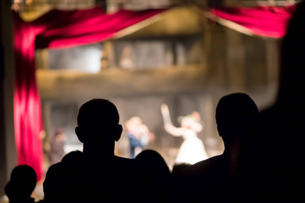 rückansicht von silhouettenleuten bei musikkonzert - theaterstück stock-fotos und bilder