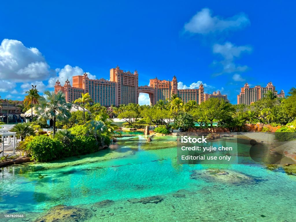 The scenic view of Atlantis hotel in Paradise Island Nassau, Bahamas- December 17,2021: The scenic view of Atlantis hotel in Paradise Island, Nassau, Bahamas. Bahamas Stock Photo