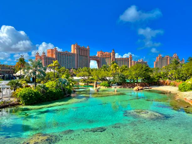 The scenic view of Atlantis hotel in Paradise Island Nassau, Bahamas- December 17,2021: The scenic view of Atlantis hotel in Paradise Island, Nassau, Bahamas. paradise island bahamas stock pictures, royalty-free photos & images