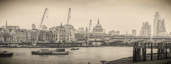 Sepia panorama of a view from Southbank, Waterloo, London. A grey morning is best depicted in black and white with a twist.